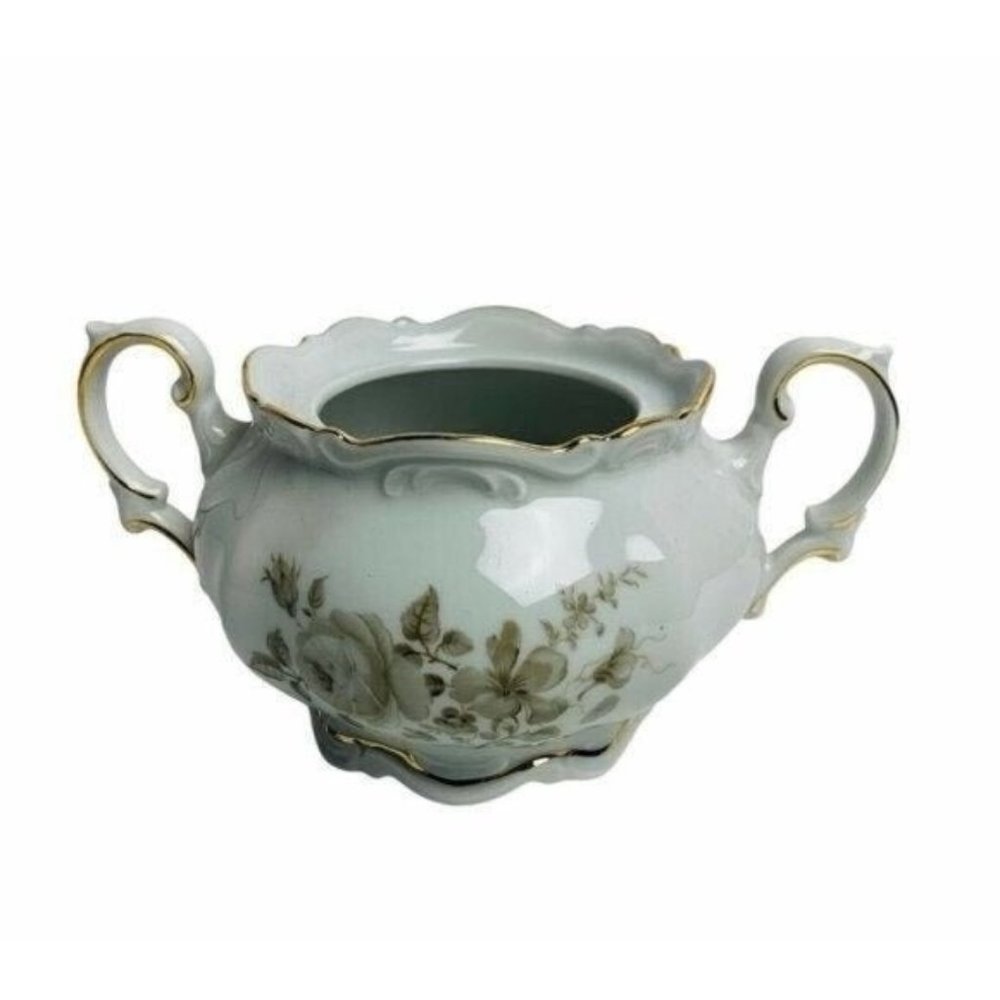 Mitterteich China Gray Rose Sugar Bowl No Lid Scalloped Platinum Trim Vintage 6”